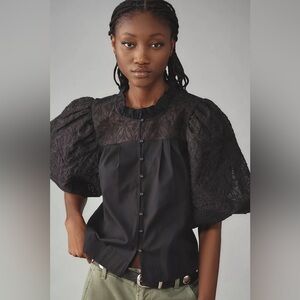 Anthropologie Maeve Puff-Sleeve Embellished Button-Front Blouse